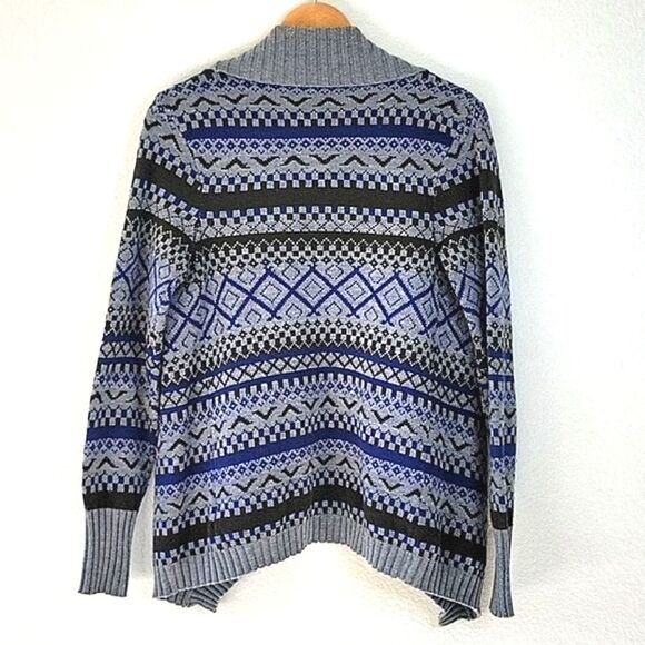 XXI FOREVER 21 Blue Brown Gray Fair Isle Knit Long Sleeved Cardigan Sweater sz M - Picture 6 of 14